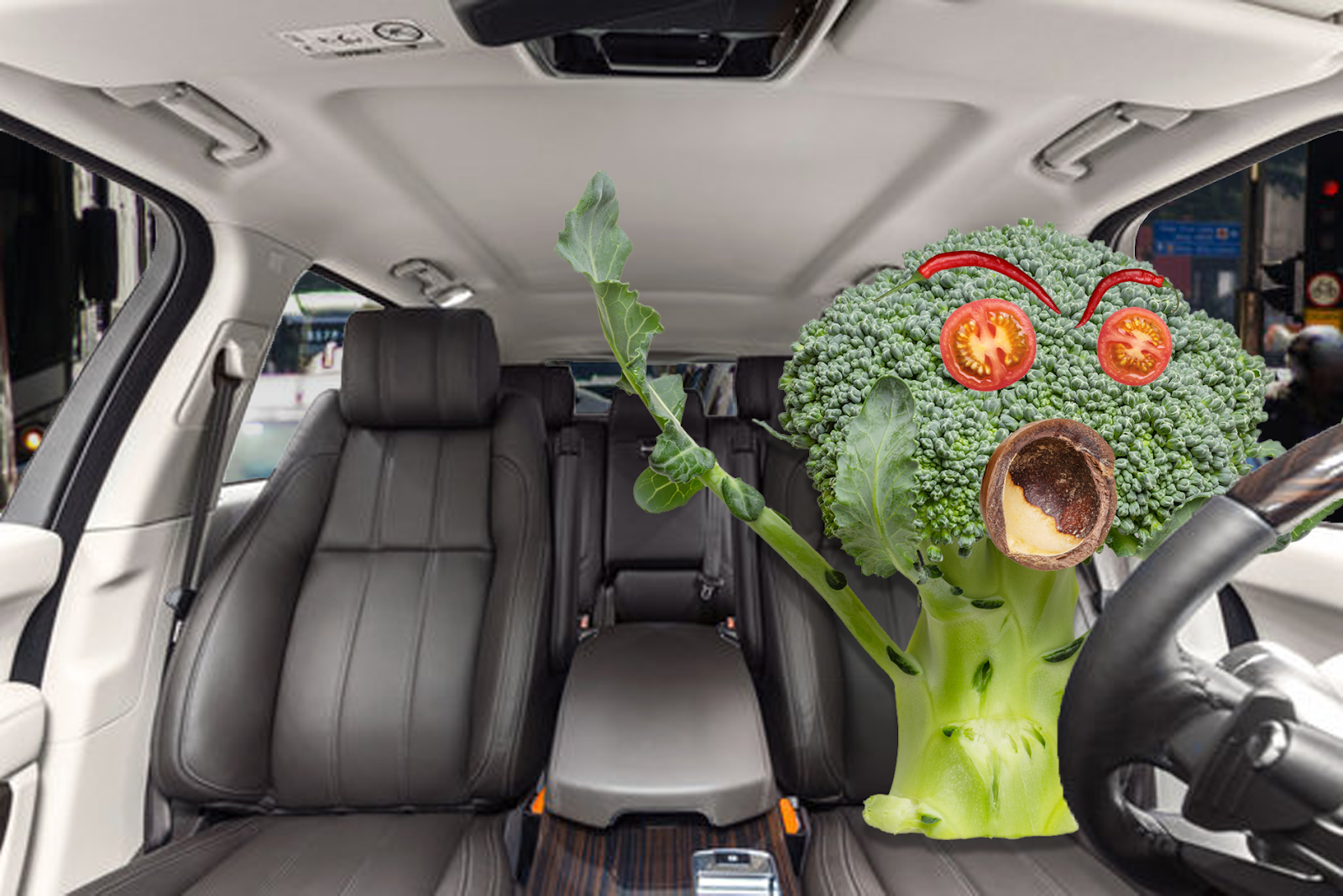 a comical picture of a brocoli road raging in a traffic jam